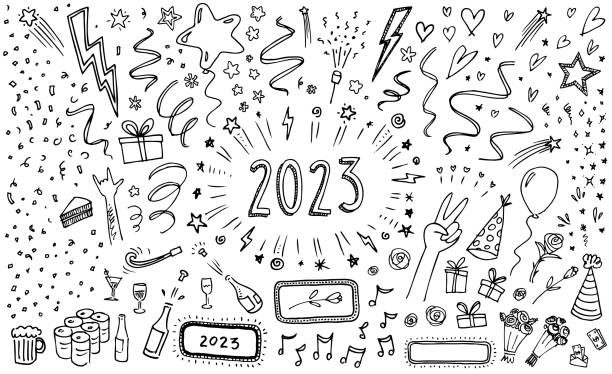 bildbanksillustrationer, clip art samt tecknat material och ikoner med 2023 sketch new years eve party celebration invite - nyårsafton illustrationer