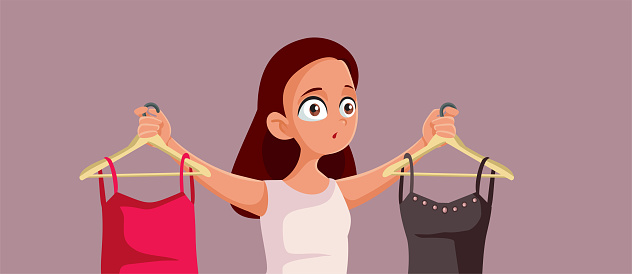 Teen Girl Choosing Between Two Dressed Vector Cartoon Illustration