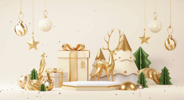 istock Christmas backgrounds with podium stage platform in minimal New year event theme. Merry Christmas scene for product display mock up banner. Empty stand pedestal decor in Xmas winter scene. 3D render. 1448951072