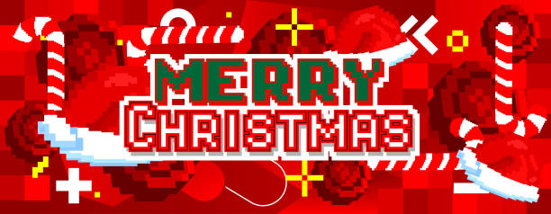 istock Merry Christmas. Pixelated word with geometric graphic background. Vector cartoon illustration. 1448956342