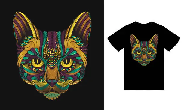 Vector illustration of Cat ethnic illustration with tshirt design premium vector