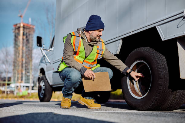 istock Smiling truck driver checking vehicle tires before the ride. 1448958310