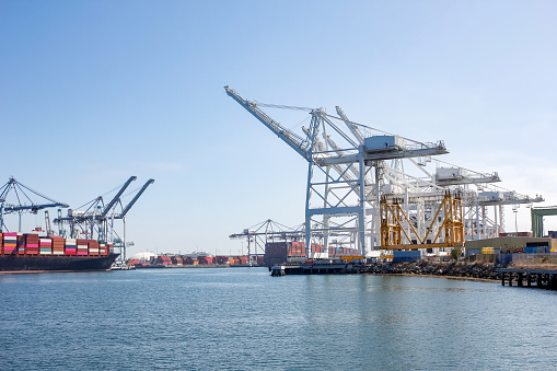 A view of several large cranes in a terminal located inside a local harbor port.