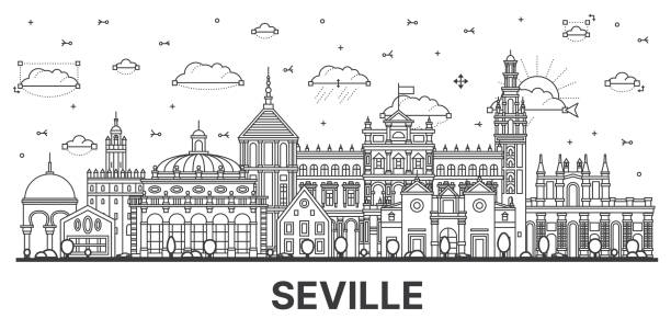 Outline Seville Spain City Skyline with Historic Buildings Isolated on White. Outline Seville Spain City Skyline with Historic Buildings Isolated on White. Vector Illustration. Seville Cityscape with Landmarks. sevilla stock illustrations