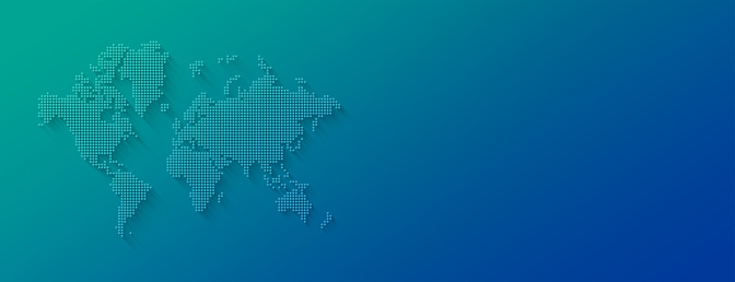 Illustration of a world map made of dots isolated on a blue background. Horizontal banner