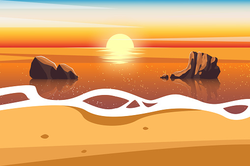Beach coastline sea ocean scenery at sunset background vector illustration