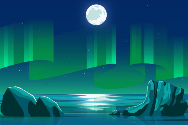 illustrazioni stock, clip art, cartoni animati e icone di tendenza di paesaggio dell'oceano marino alla notte con l'illustrazione vettoriale di sfondo verde dell'aurora - star shape sky star aurora borealis