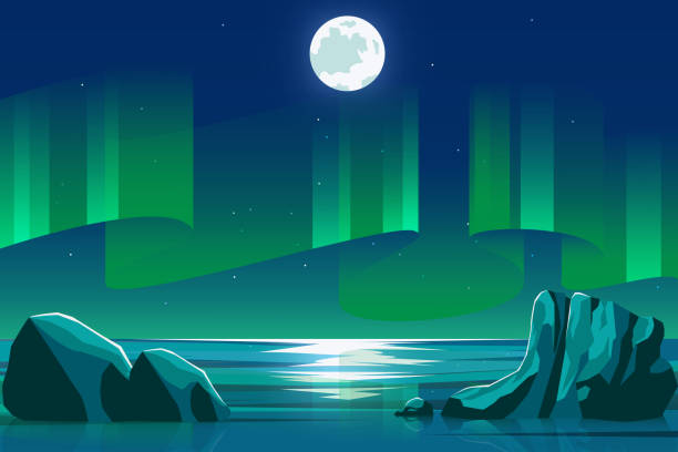 stockillustraties, clipart, cartoons en iconen met sea ocean scenery at night with green aurora background vector illustration - noorderlicht