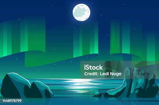 istock Sea ocean scenery at night with green aurora background vector illustration 1448978799