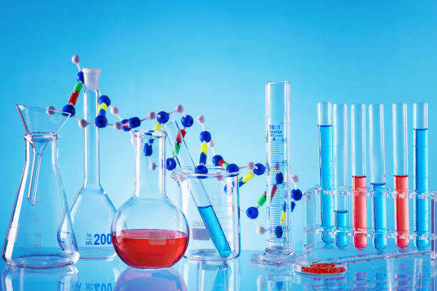 istock Scientific laboratory glassware with colourful liquid. 1448981160