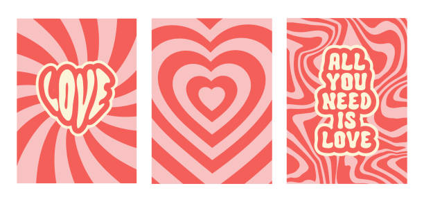 illustrations, cliparts, dessins animés et icônes de affiches romantiques groovy avec du texte. - valentines day hearts