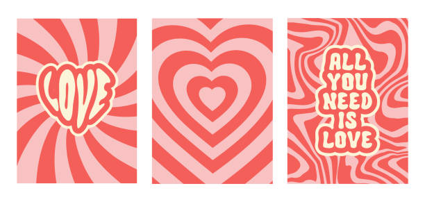 illustrazioni stock, clip art, cartoni animati e icone di tendenza di groovy romantico set poster con testo. - valentines day heart shape love symbol