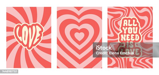 istock Groovy romantic set posters with text. 1448987151