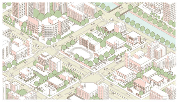 街並みを立体的に見渡せます。都市 景観。 - map city town built structure点のイラスト素材／クリップアート素材／マンガ素材／アイコン素材