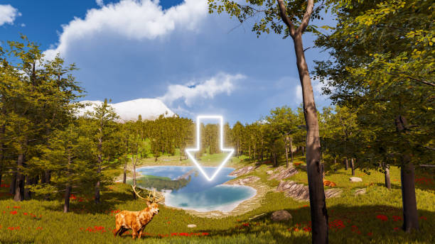 istock 3D wallpaper with forest environment with down arrow, trees and vegetation 1448989124