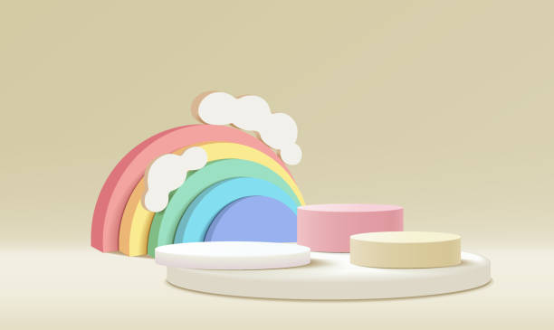 istock 3d pink podium on pastel background abstract geometric shapes with cute rainbow, kids product display 1448989277