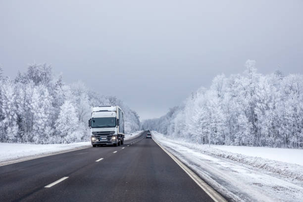 istock Truck on winter country road 1448990251