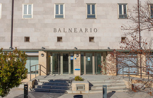 Banos de Montemayor, Spain - Jan 2nd, 2021: Modern spa resort building of Banos de Montemayor, Caceres, Extremadura, Spain