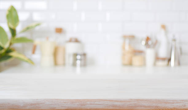 istock Wooden table top on blurred background of home kitchen interior 1448991825