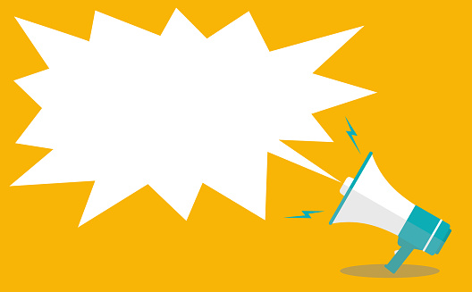 Comic-style vector illustration on a yellow background with an announcement message blown out from a loudspeaker megaphone