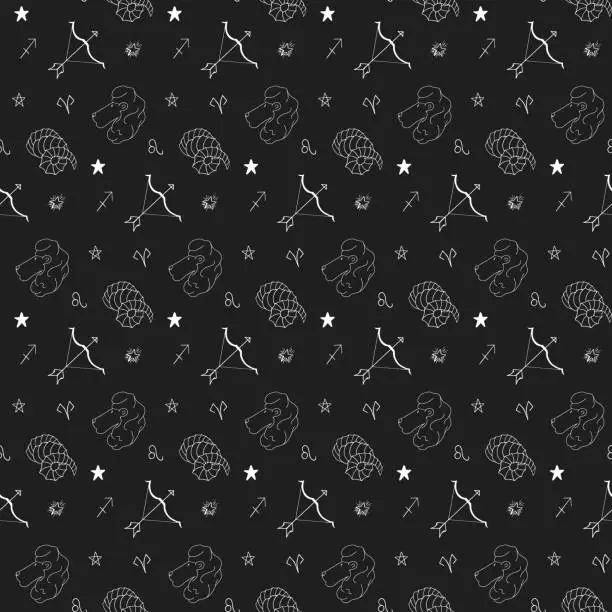 Vector illustration of Seamless pattern of fire zodiac such as leo, aries and sagittarius on dark background. Hand drawn vector illustration. Wraping paper horoscope.