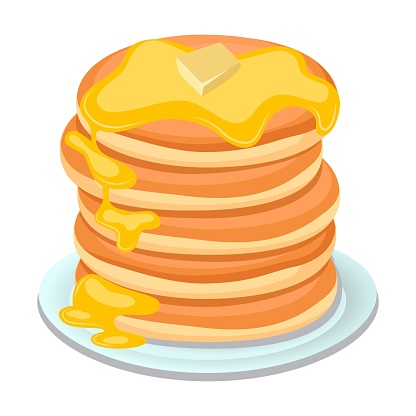 Healthy breakfast stack of pancakes with honey, vector illustration. Plates and bowls with healthy food, fruit, vegetables isolated on white background