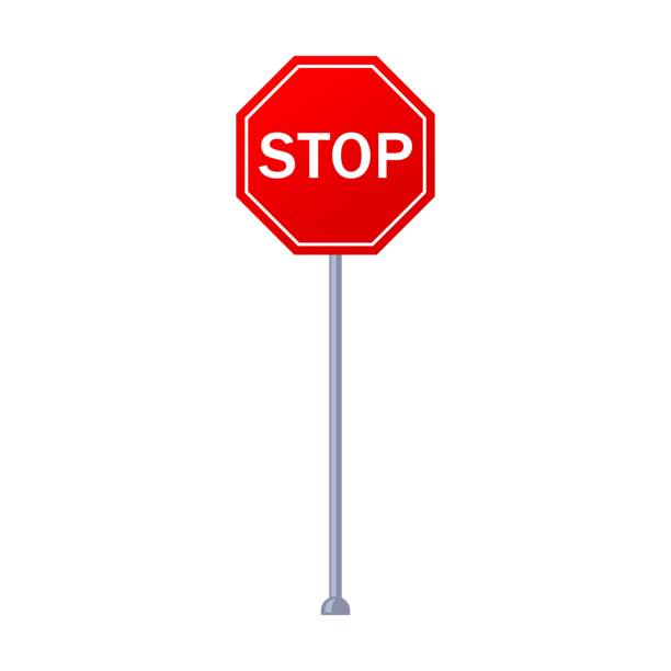 istock Highway mandatory stop road sign on metal post vector illustration. Blank destination sign isolated on white background 1448993537