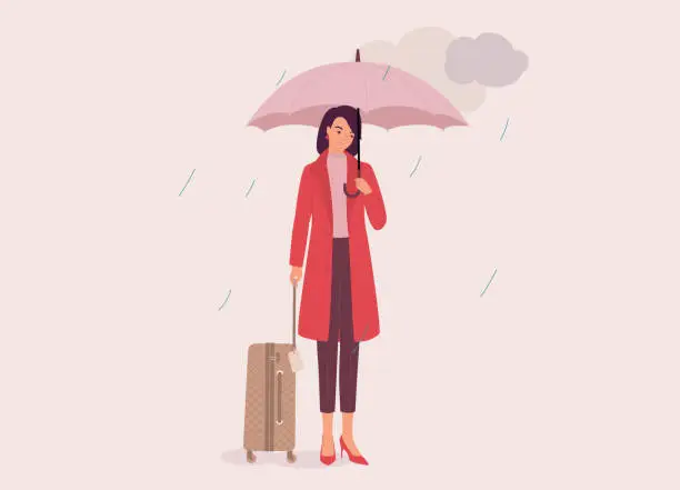 Vector illustration of Young Woman With Luggage Holding An Umbrella On A Rainy Day.