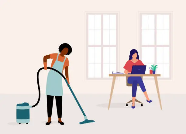 Vector illustration of Black Female Janitor Vacuuming At Office.