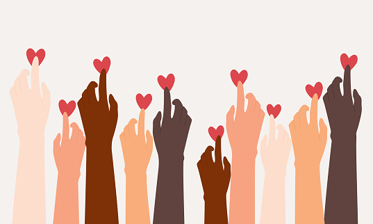 Group Of Diverse Hands With Finger Touching The Heart Shape Love. Isolated On Color Background.