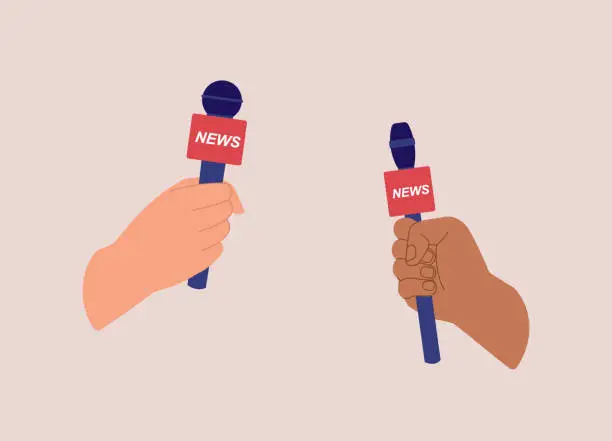 Vector illustration of Two Hands With Different Color Skin Holding A Microphone.