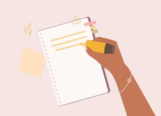 Vector illustration of Black Female’s Hand Using Highlighter On The Notebook.