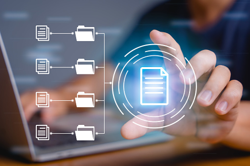 Corporate business technology. Document management system (DMS), online documentation database and process automation to efficiently manage files, knowledge and documentation in enterprise with ERP.