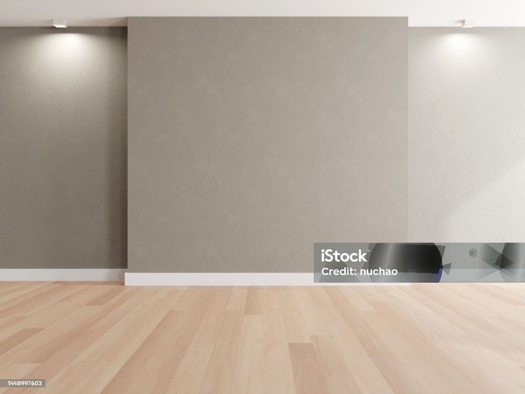 3d rendering of empty room with wooden floor and concrete wall. Flooring Stock Photo
