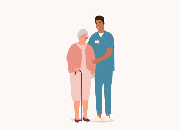 illustrations, cliparts, dessins animés et icônes de un infirmier noir aide une femme âgée blanche. - infirmier