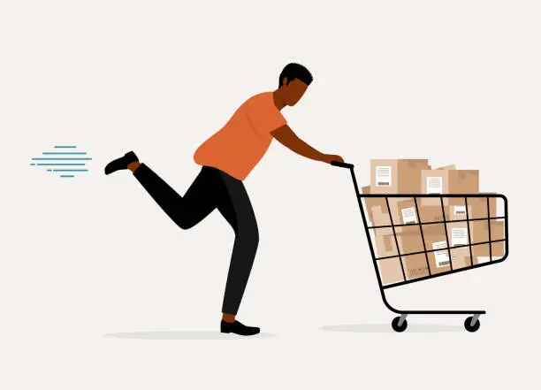 Vector illustration of Black Young Man Running Fast While Pushing Shopping Cart Loaded With Delivery Boxes.