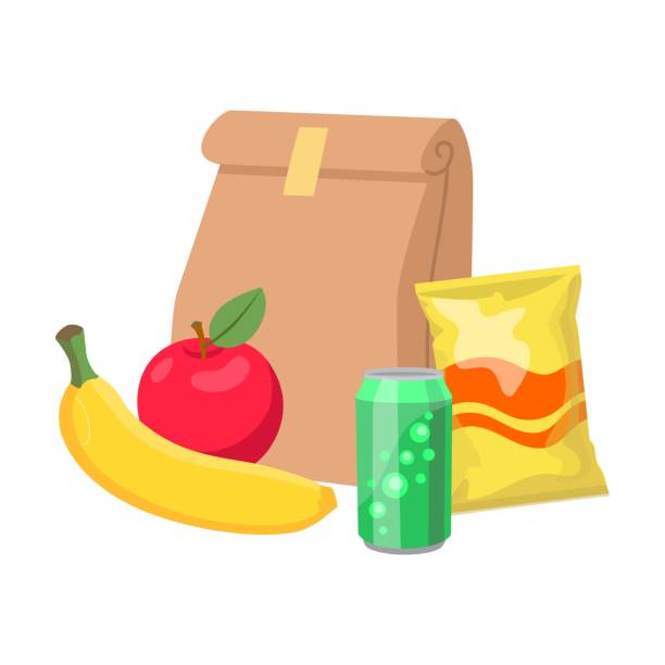 ilustrações, clipart, desenhos animados e ícones de lancheiras para crianças com muffins, suco, biscoitos e maçãs isolados no fundo branco - backpack packed lunch school food