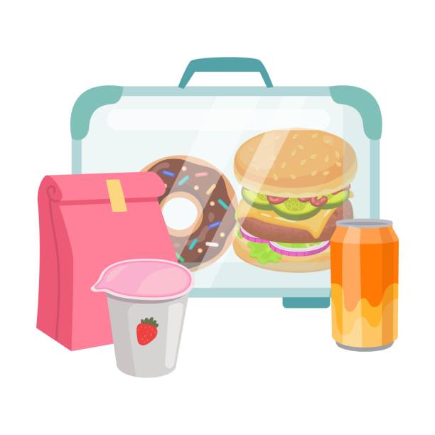 pudełka na lunch z ciasteczkami i jabłkami, ilustracja z kreskówki. torebki dziecięce z babeczkami, sok izolowany na białym tle - backpack packed lunch school food stock illustrations