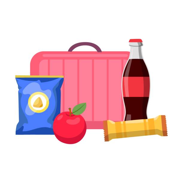 pudełka na lunch. torebka dziecięca z babeczkami, sokiem, ciasteczkami i jabłkami na białym tle - backpack packed lunch school food stock illustrations