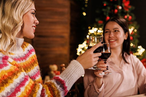 Portrait of two joyful girlfriends sitting by the Christmas tree, smiling at each other and cheering with glasses of red wine.