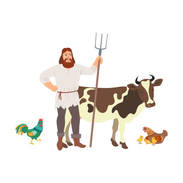 średniowieczny wiejski rolnik ze zwierzętami ilustracja z kreskówki. charakter okresu średniego izolowanego na białym tle - period costume obrazy stock illustrations