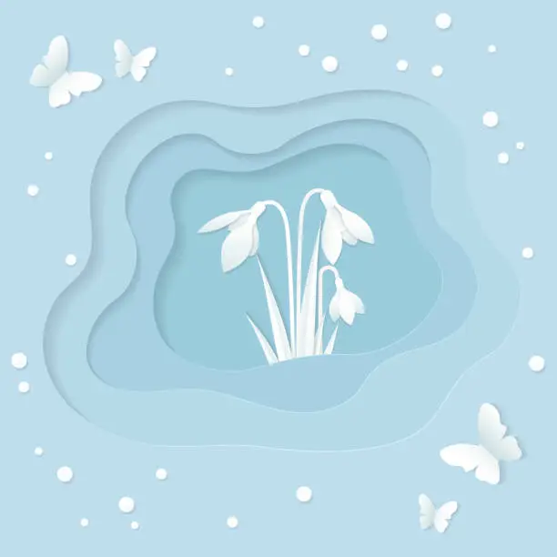 Vector illustration of Spring greeting card with snowdrops and butterflies in paper cut style