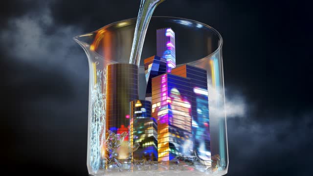 City drowning in water poured into a laboratory beaker