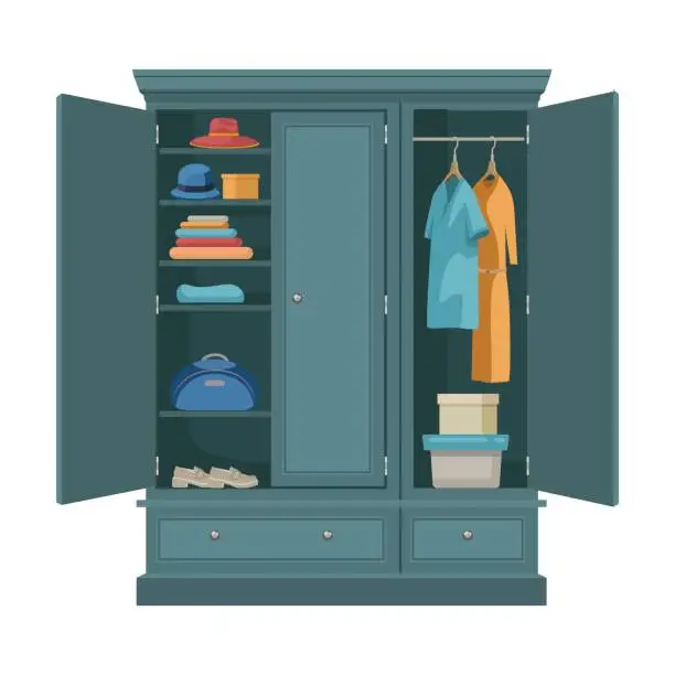 Vector illustration of Open wardrobe vector illustration of cabinet with hanging clothes hangers and drawers isolated on white