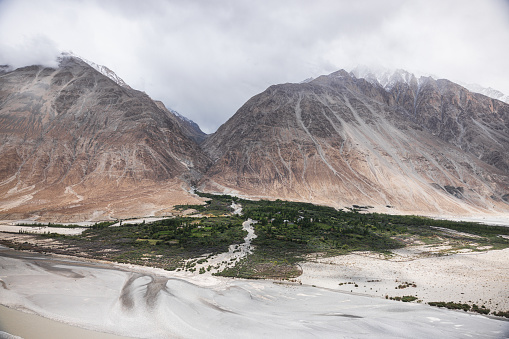 Forest, plains and rivers of Nubra Valley in the Himalayas