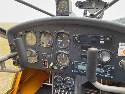 Novosibirsk, Siberia, Russia - September 25, 2022. A close-up of the dashboard of a light-engine airplane.