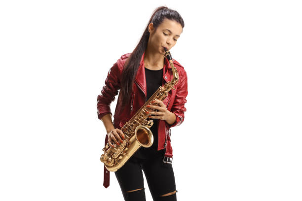 istock Beautiful young woman playing a saxophone 1449001440