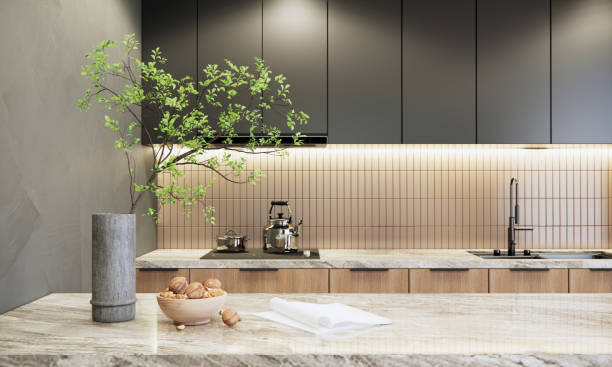 istock Mockup modern kitchen room interior design and decoration with built in counter and cabinet and close up marble island countertop. 3d rendering. 1449006809