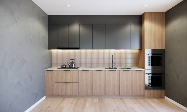 istock 3d rendering mockup modern built in kitchen interior with wooden counter and grey cabinet and wall, wooden floor. 1449006823