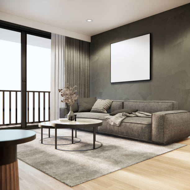 istock Living room interior design and decoration with fabric sofa grey carpet modern loft style. 3d rendering mockup apartment interior high floor. 1449006840